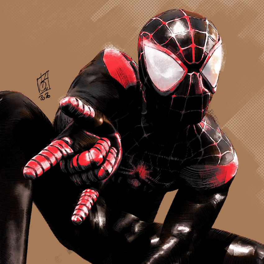 1boy, animal_print, artist_name, black_bodysuit, bodysuit, dynamic_pose, highres, marvel, mask, miles_morales, multicolored_bodysuit, print_bodysuit, red_bodysuit, signature, simple_background, spider-man_(miles_morales), spider-man_(series), spider_print, superhero_costume, traditional_media, two-tone_bodysuit, valerio_giangiordano