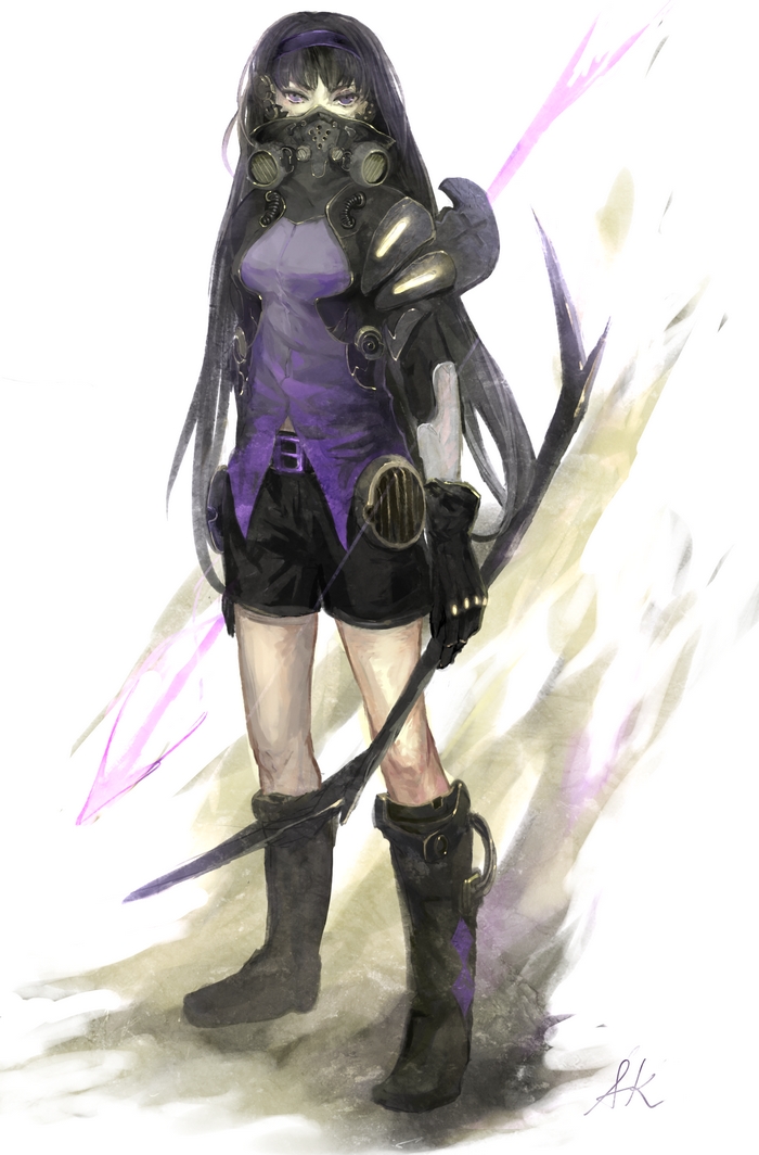 adapted_costume, akemi_homura, belt, black_hair, boots, bow_(weapon), gloves, hairband, long_hair, magical_girl, mahou_shoujo_madoka_magica, mask, purple_eyes, shorts, signature, solo, violet_eyes, weapon, xiezhua_(amyoy)