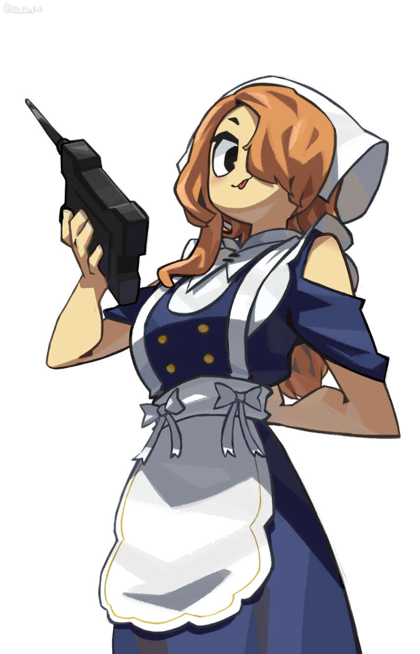 1girl, :3, :p, apron, arm_behind_back, bare_arms, bare_shoulders, black_eyes