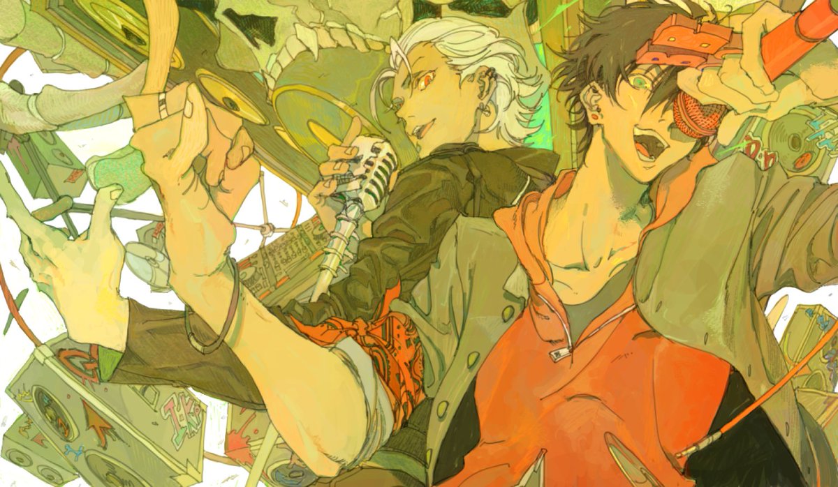 2boys, \m/, aohitsugi_samatoki, aohitsugi_samatoki_(tdd_era), back-to-back, bad_id, bad_twitter_id, bandana