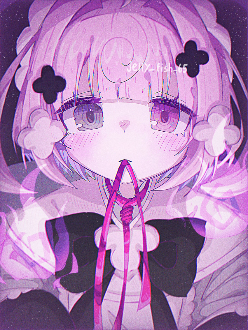 1girl, ahoge, arms_at_sides, black_bow, black_bowtie, blunt_bangs, blush, bob_cut