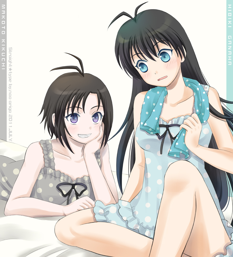 ariga_nao, bare_shoulders, black_hair, blue_eyes, blush, breasts, chin_rest, ganaha_hibiki