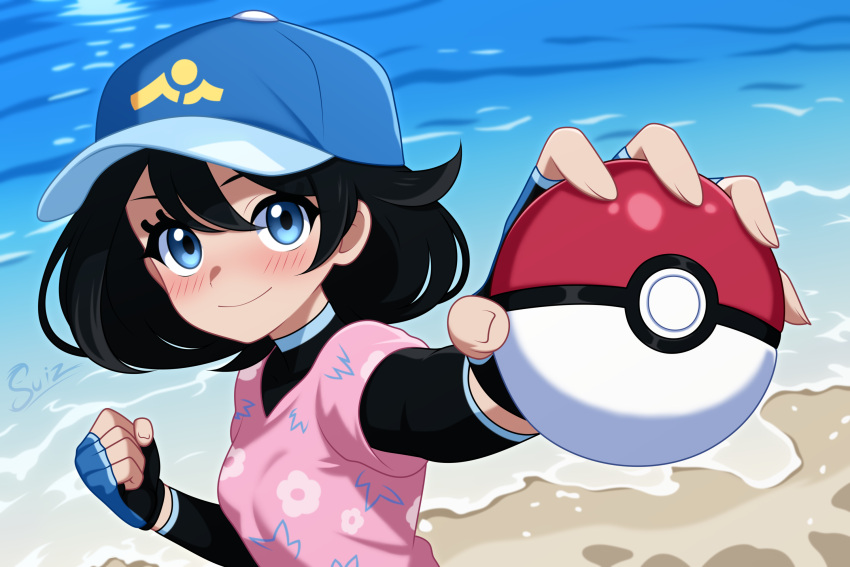 1girl, black_bodysuit, black_hair, blue_eyes, blue_hat, bodysuit, bodysuit_under_clothes, breasts