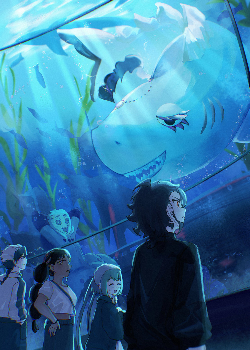 2boys, 2girls, absurdres, aquarium, aquarium_tunnel, black_hair, blue_hair, blush