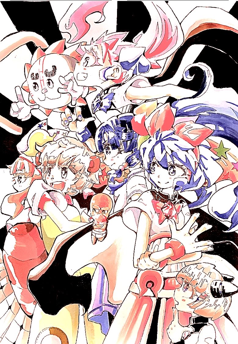 1boy, 6+girls, :d, aoi_ch., balus_co., blue_bow, blue_hair, bow