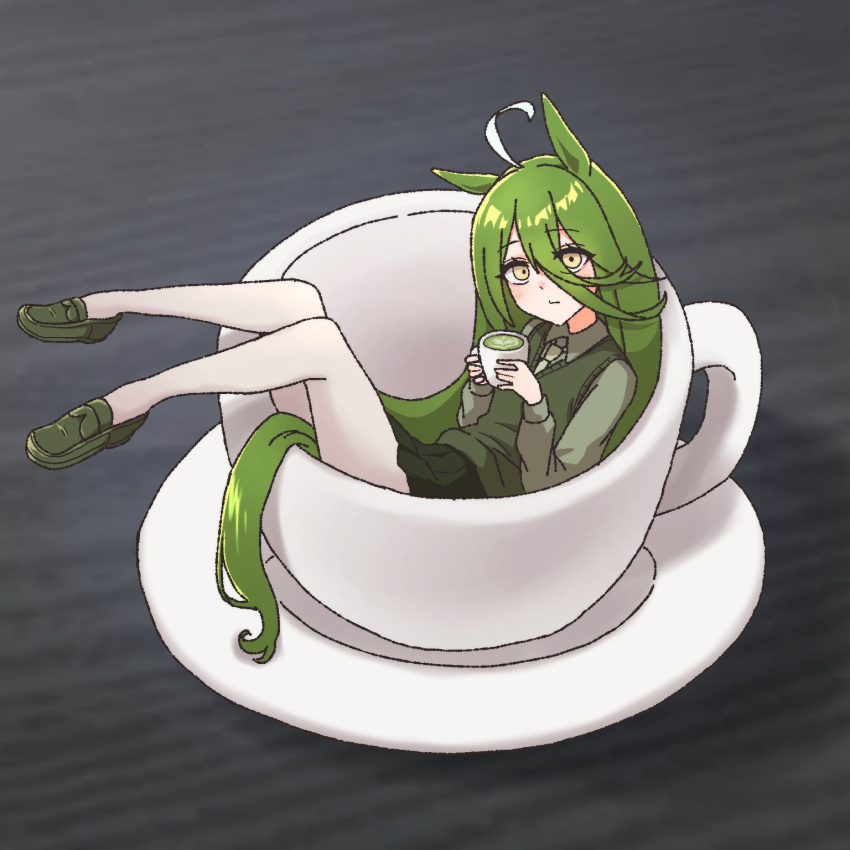 1girl, ahoge, alternate_color, animal_ears, collared_shirt, commentary_request, cup, echieichi