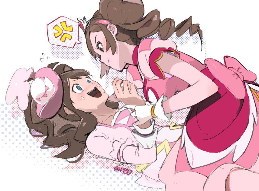 2girls, :t, anger_vein, artist_name, blue_eyes, blush, bow, breasts