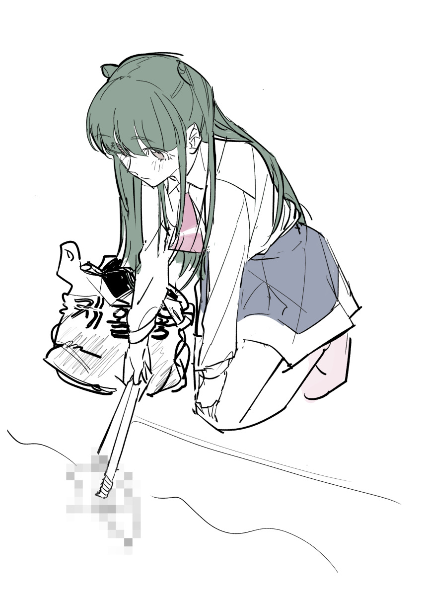 1girl, absurdres, black_skirt, blunt_bangs, censored, collared_shirt, eunonda, full_body