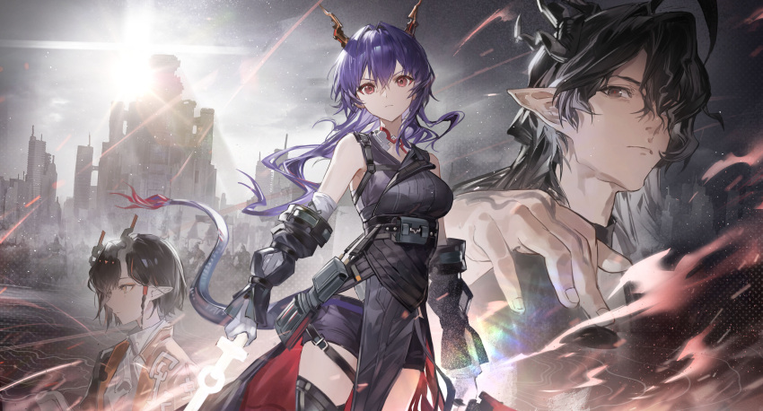 1boy, 2girls, absurdres, arknights, black_hair, black_shorts, braid, braided_sidelock