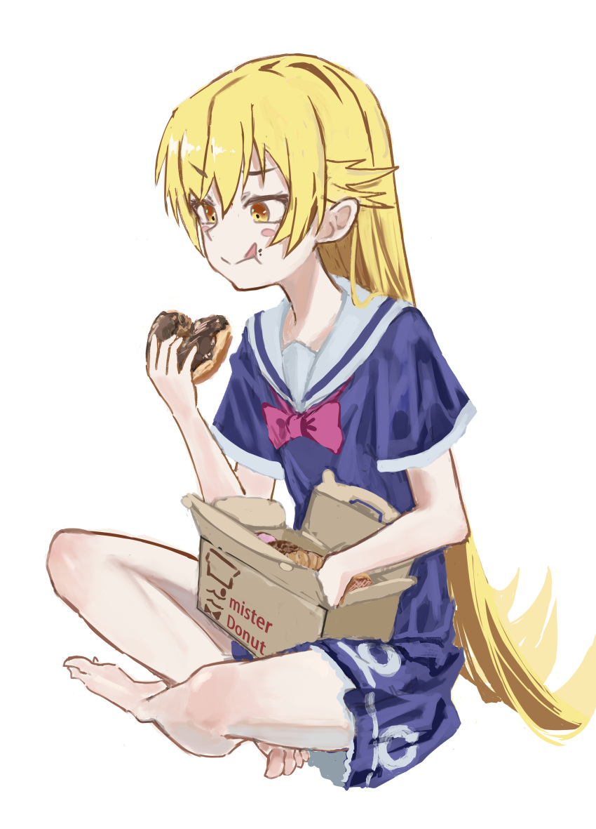1girl, absurdres, bare_shoulders, blonde_hair, cokei, commentary_request, doughnut, english_text