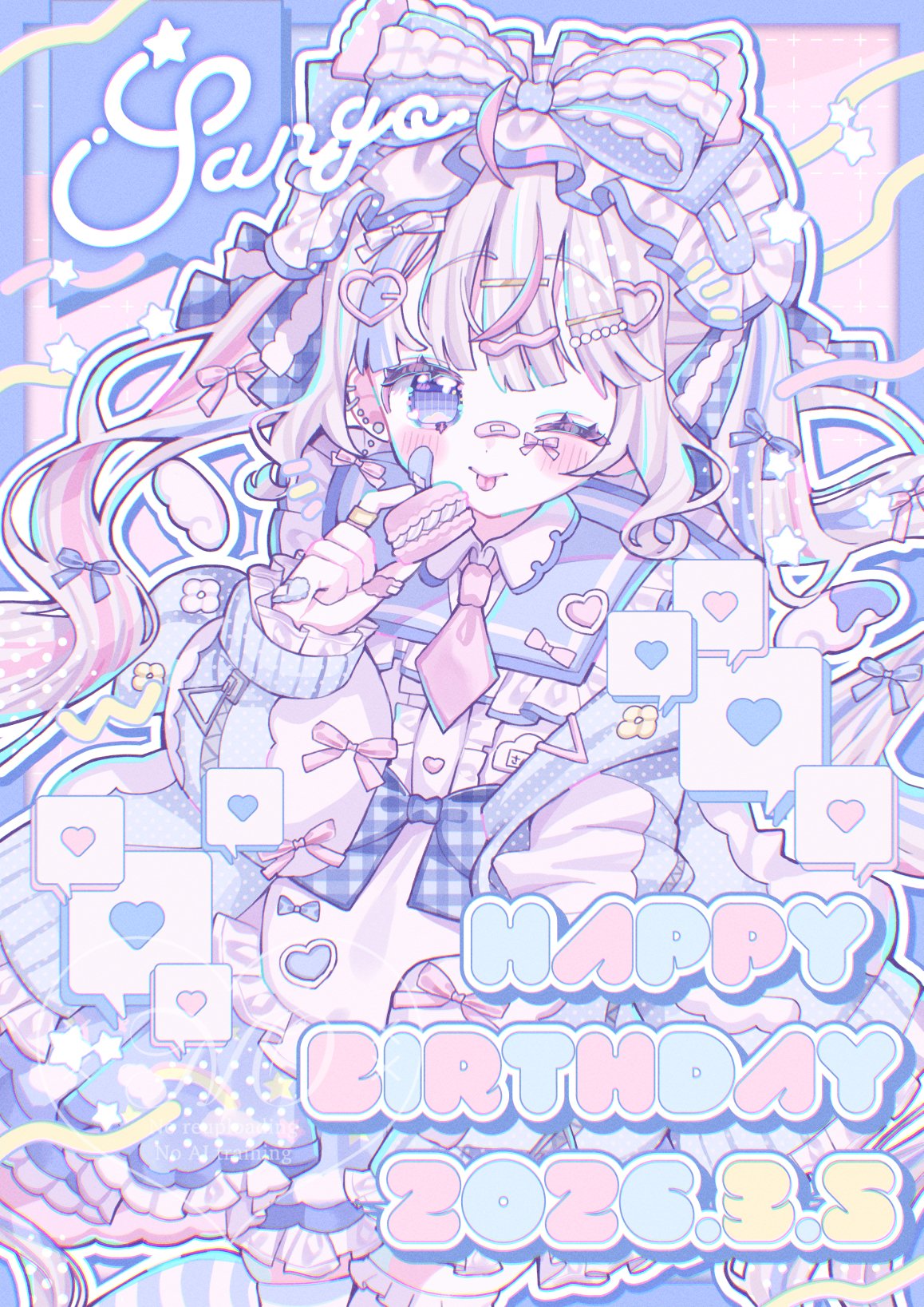 1girl, ;p, bandaid, bandaid_on_face, bandaid_on_hand, bandaid_on_nose, blue_bow, blue_cardigan