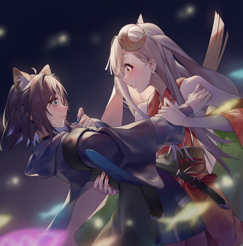 2girls, animal_ears, asymmetrical_bangs, backlighting, bare_shoulders, belt_buckle, black_background, black_choker