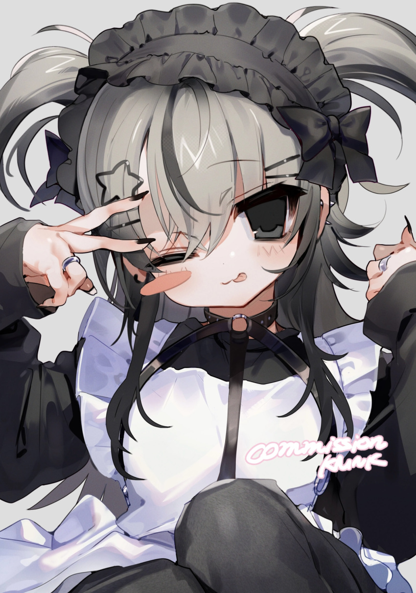 1girl, 2000s_(style), ;3, ;p, absurdres, apron, artist_name, black_hairband