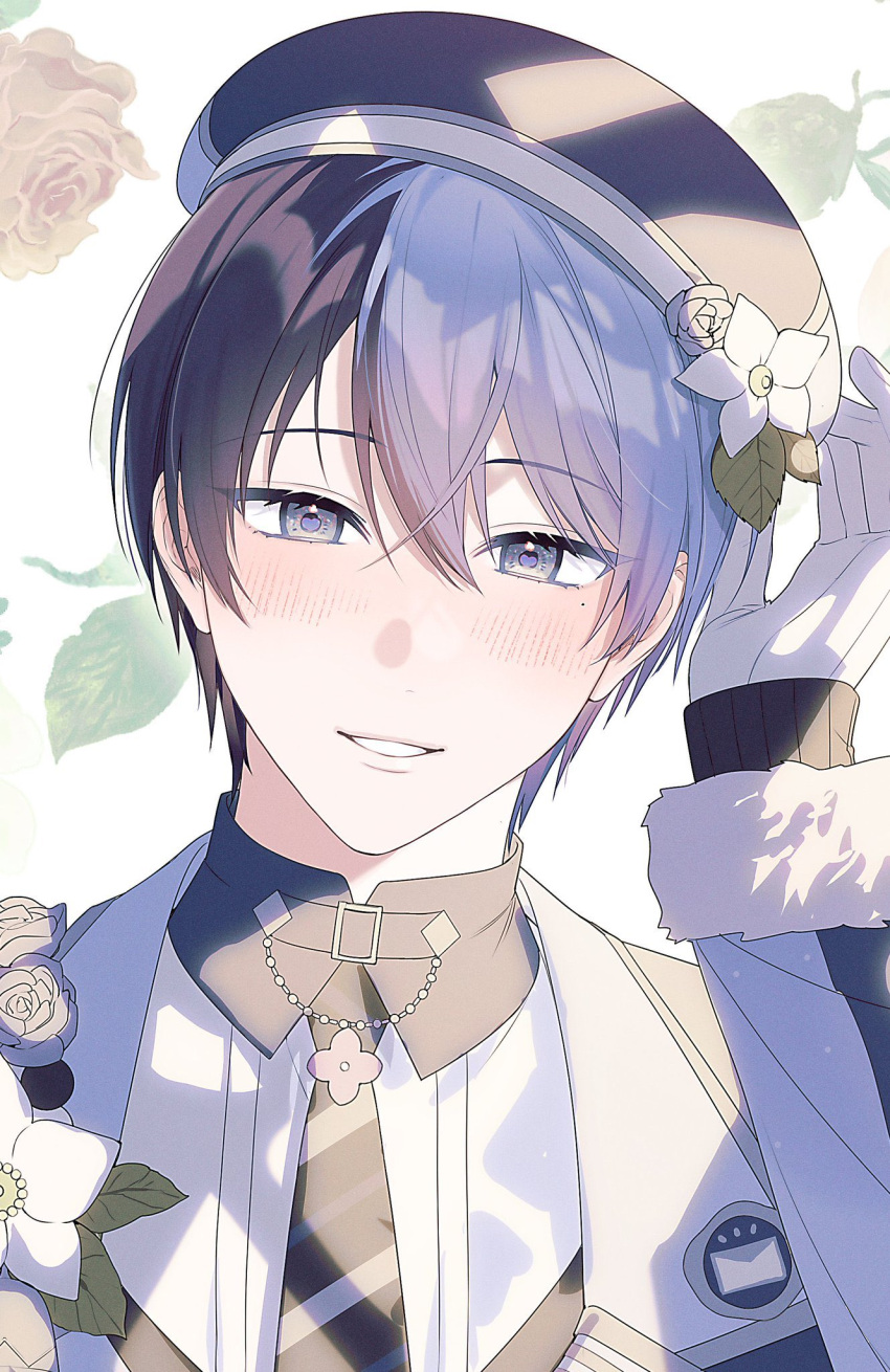 1boy, aoyagi_touya, arm_up, bad_id, bad_twitter_id, blue_eyes, blue_hair, clenched_teeth