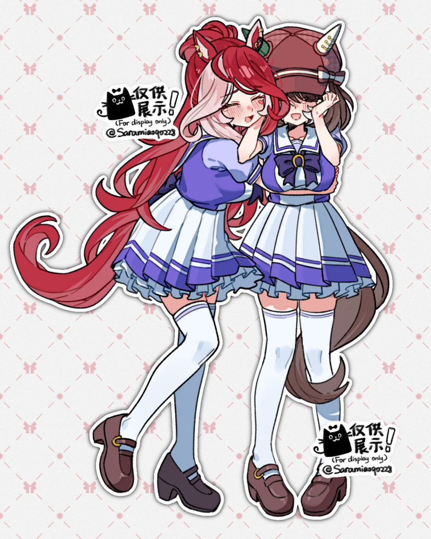 2girls, animal_ears, blush, bow, bowtie, breasts, brown_hair, closed_eyes