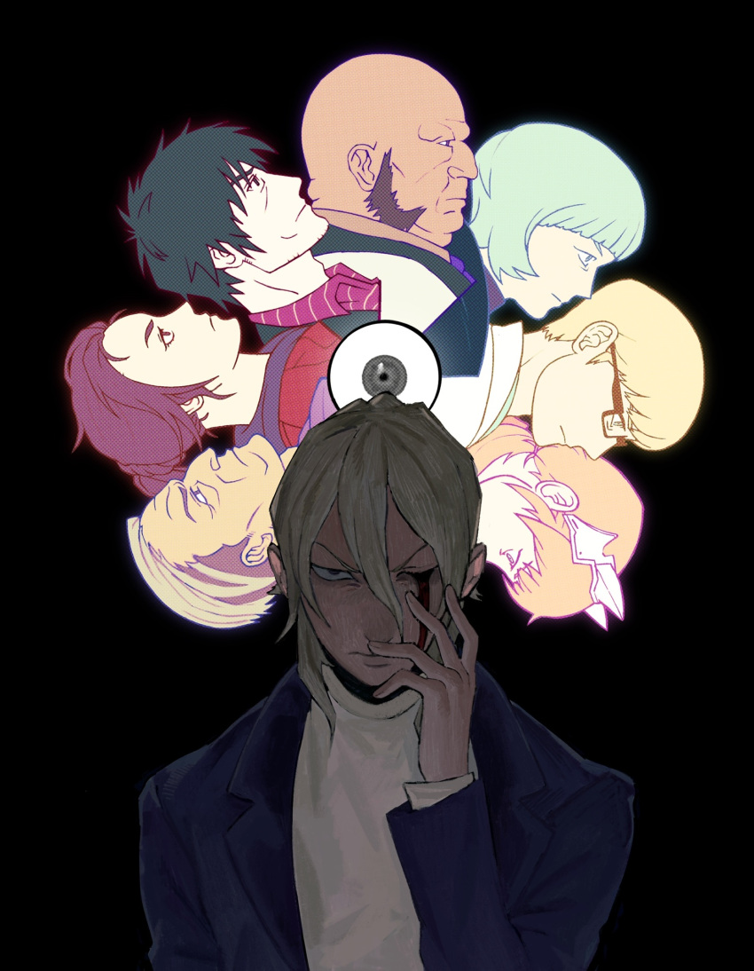 3girls, ai_the_somnium_files, black_background, black_hair, blonde_hair, blood, blood_from_eyes, blue_jacket