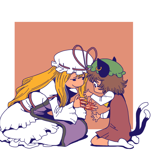 animal_ears, blonde_hair, brown_hair, cat's_cradle, cat's_cradle, cat_ears, cat_tail, chen, child, dress, earrings, hat, jewelry, long_hair, multiple_girls, multiple_tails, onigashira_rin, onikobe_rin, pun, tail, touhou, yakumo_yukari