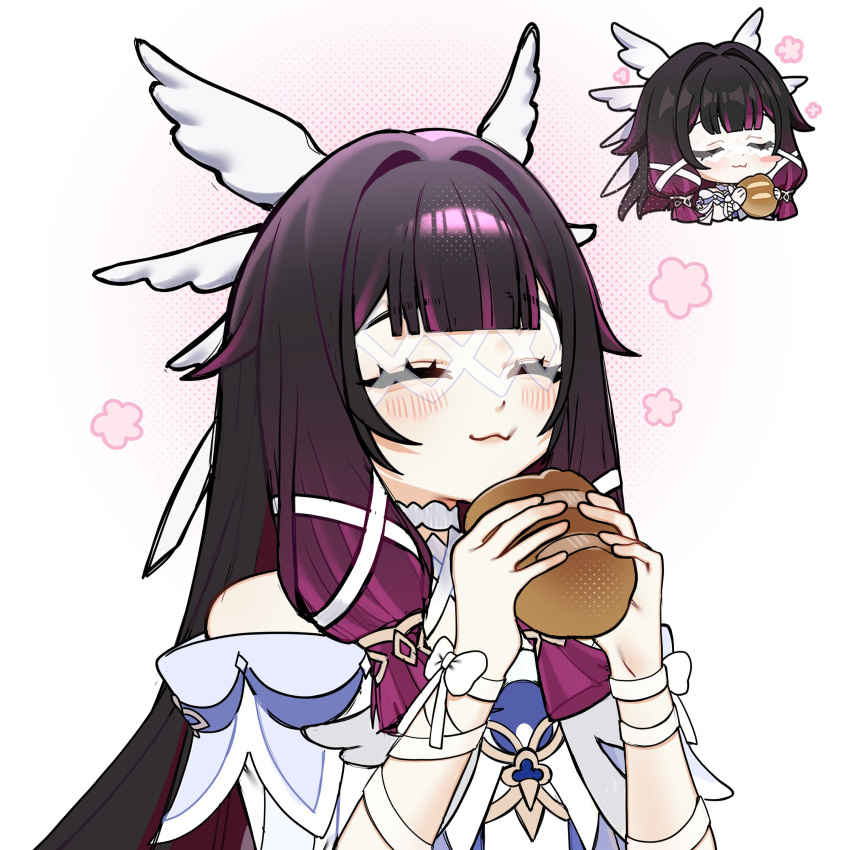 1girl, absurdres, black_hair, closed_eyes, columbina_(genshin_impact), dress, eye_mask, genshin_impact, hair_ornament, head_wings, highres, mask, multicolored_hair, simple_background, smile, solo, todorusy, white_dress, wings