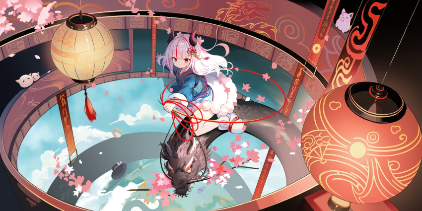 1girl, chinese_clothes, clouds, commentary_request, dragon, dragon_horns, eastern_dragon, flower