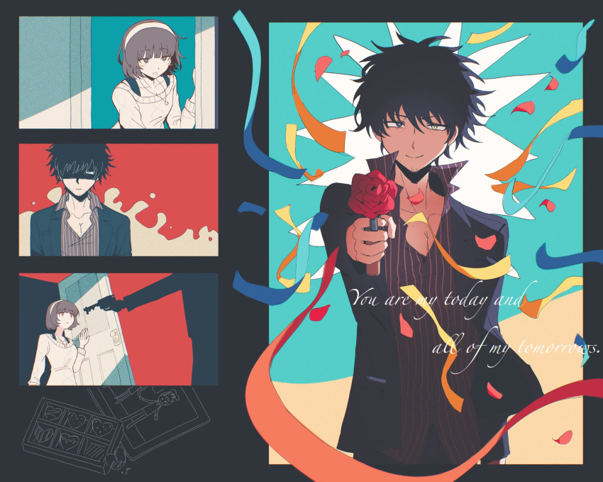 1boy, 1girl, ai_the_somnium_files, black_eyes, black_hair, black_jacket, box, box_of_chocolates