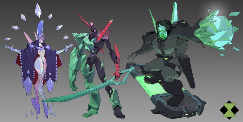 1girl, 2boys, absurdres, alien, back_spikes, beard, ben_10, black_bodysuit