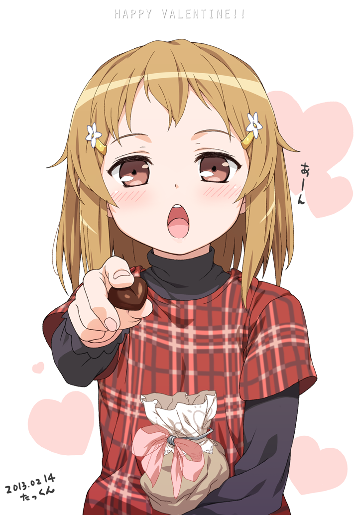 1girl, artist_name, black_shirt, bow, brown_eyes, brown_hair, candy, child, chocolate, dated, flower_hairclip, food, gift_bag, hair_ornament, hairclip, happy_valentine, heart, heart-shaped_chocolate, heart-shaped_food, holding, holding_chocolate, holding_food, incoming_food, layered_sleeves, long_sleeves, medium_hair, open_mouth, original, pink_bow, plaid_clothes, plaid_shirt, red_shirt, shirt, short_over_long_sleeves, short_sleeves, solo, takkun_(alicesoft), teeth, upper_body, upper_teeth_only, valentine