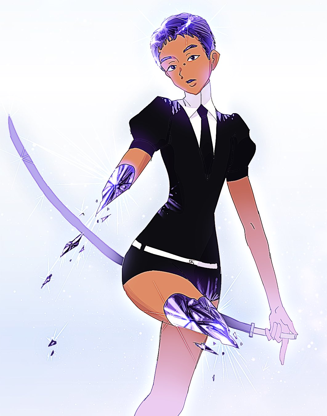 1boy, amputee, belt, black_jacket, black_necktie, black_shorts, blue_background, commentary_request