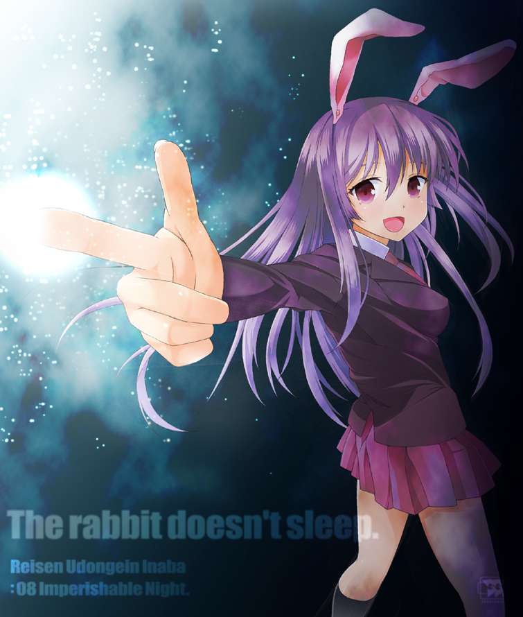 animal_ears, blazer, bunny_ears, finger_gun, long_hair, mifune_yatsune, pleated_skirt, purple_hair