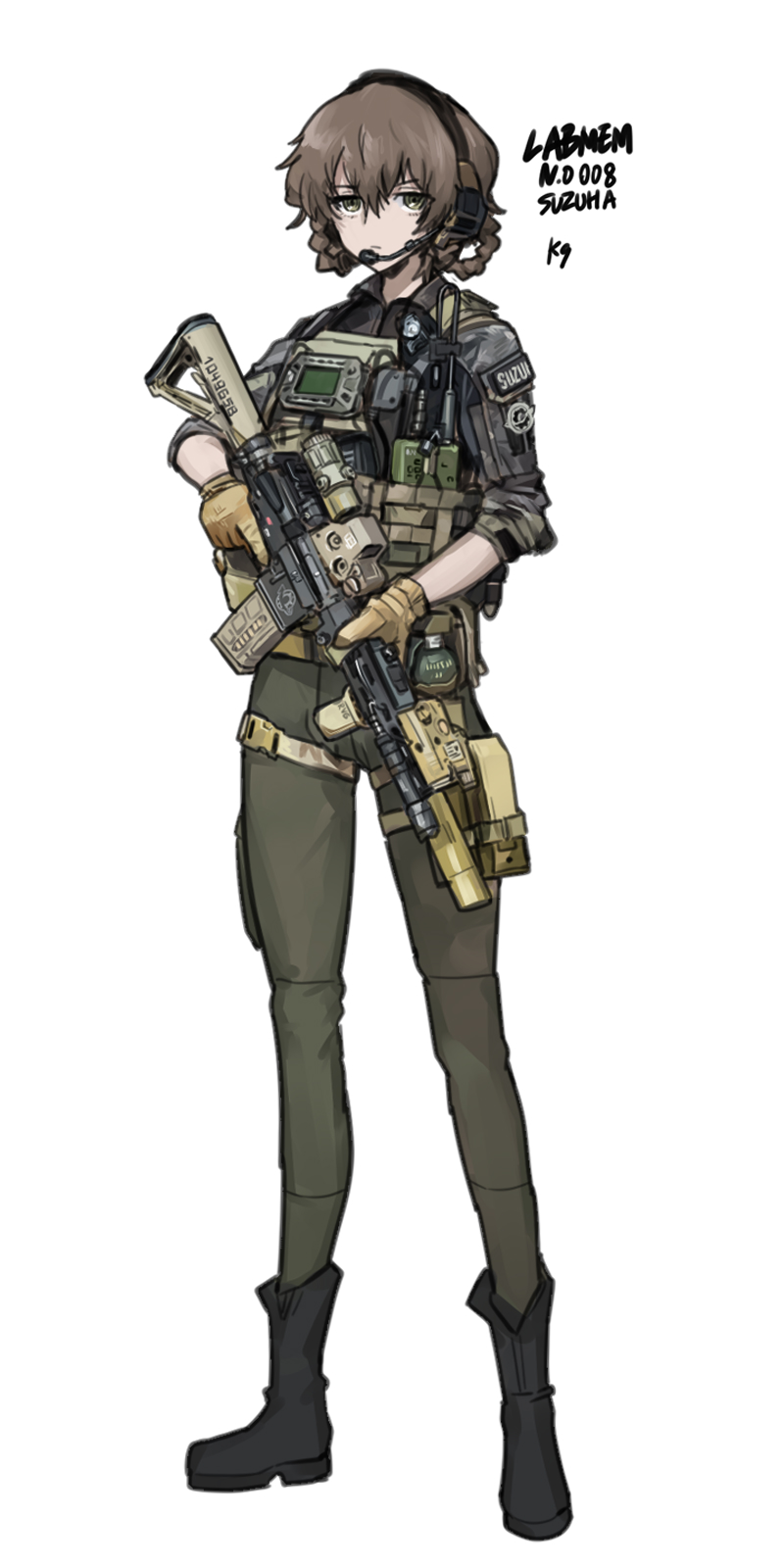 1girl, amane_suzuha, amane_suzuha_(beta), assault_rifle, black_pants, brown_hair, camouflage, camouflage_jacket
