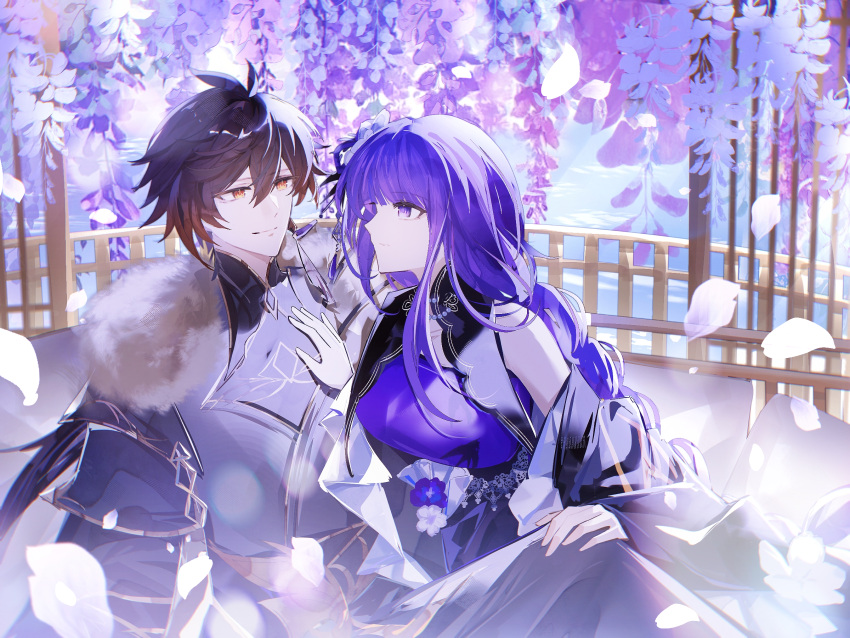 1boy, 1girl, alternate_costume, alternate_universe, armor, blue_sky, blunt_bangs, blurry