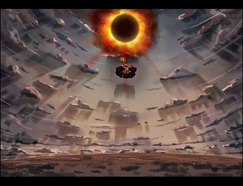 clouds, fire, glowing, glowing_eyes, highres, landscape, nankyoku, reiuji_utsuho