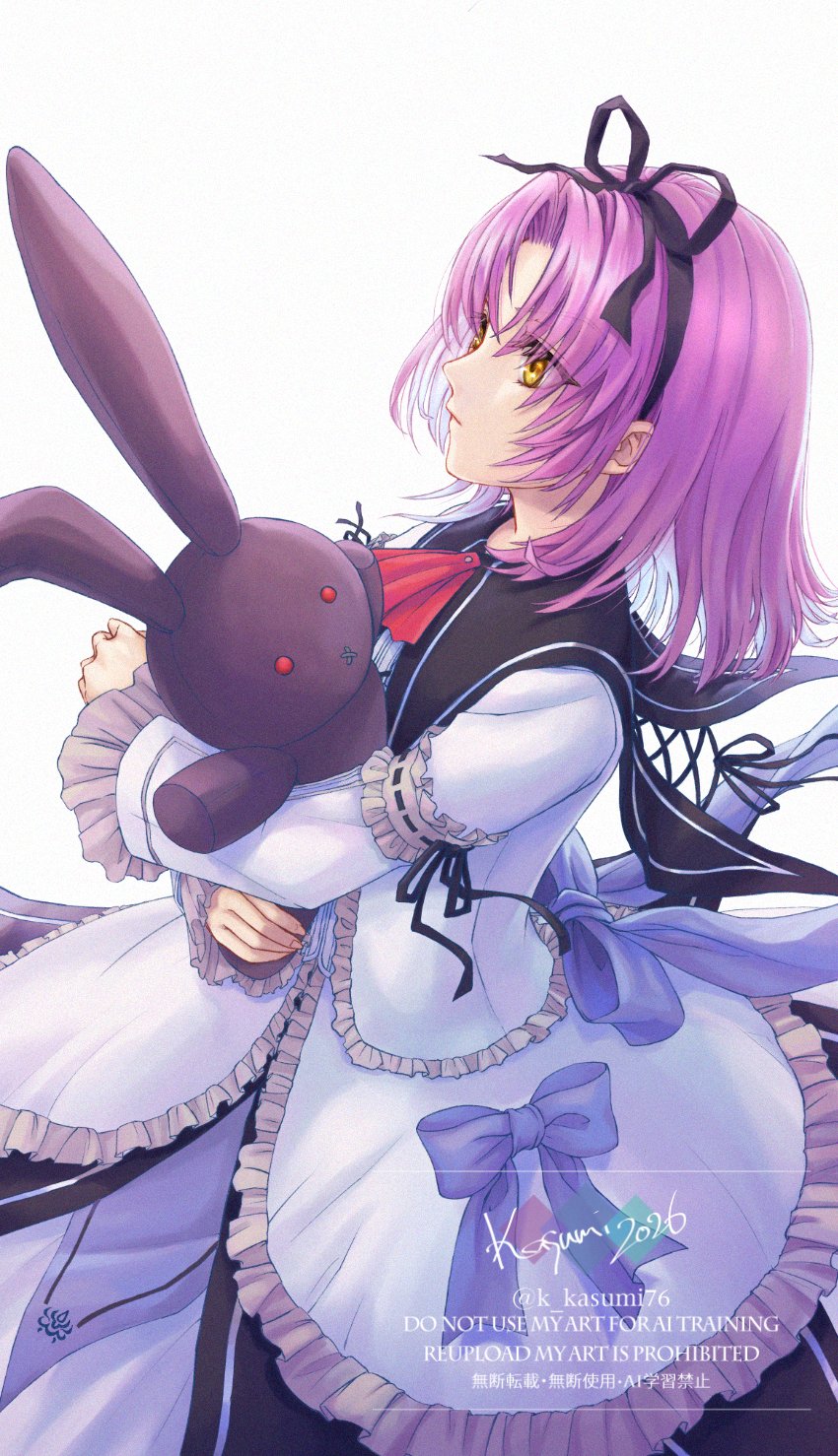 1girl, ascot, black_ribbon, bow, closed_mouth, curtained_hair, dress, eiyuu_densetsu