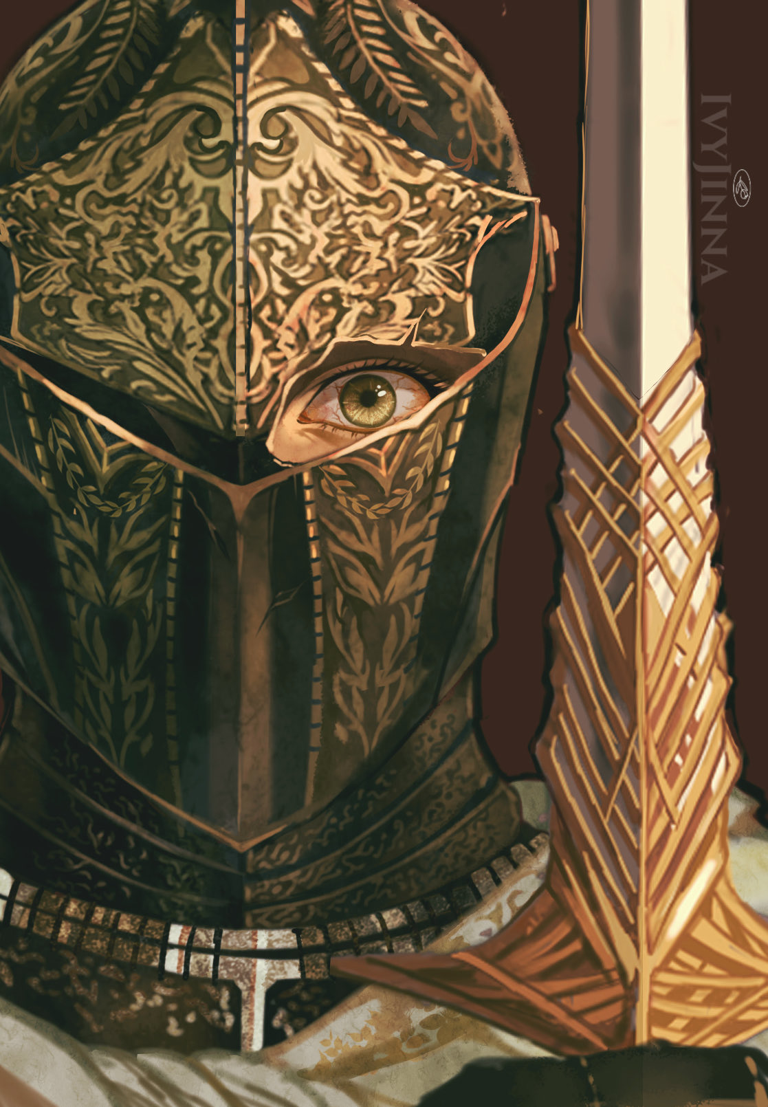 1girl, armor, artist_name, black_armor, broken_helmet, crazy, crazy_eyes, elden_ring
