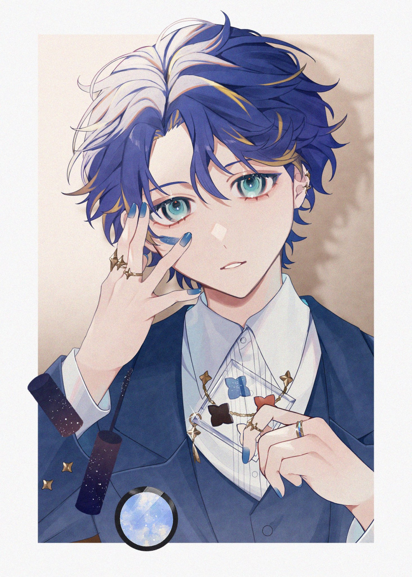 10_io, 1boy, astel_leda, blonde_hair, blonde_streaks, blue_hair, blue_jacket, blue_nails