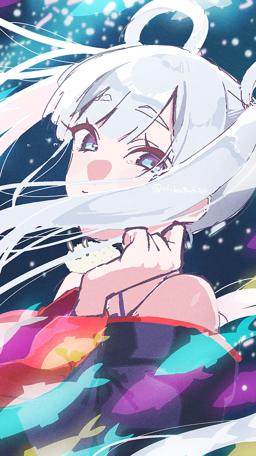 1girl, blue_eyes, blue_kimono, cho_kaguya-hime!, commentary, fushi_(cho_kaguya-hime!), hair_rings, hand_up
