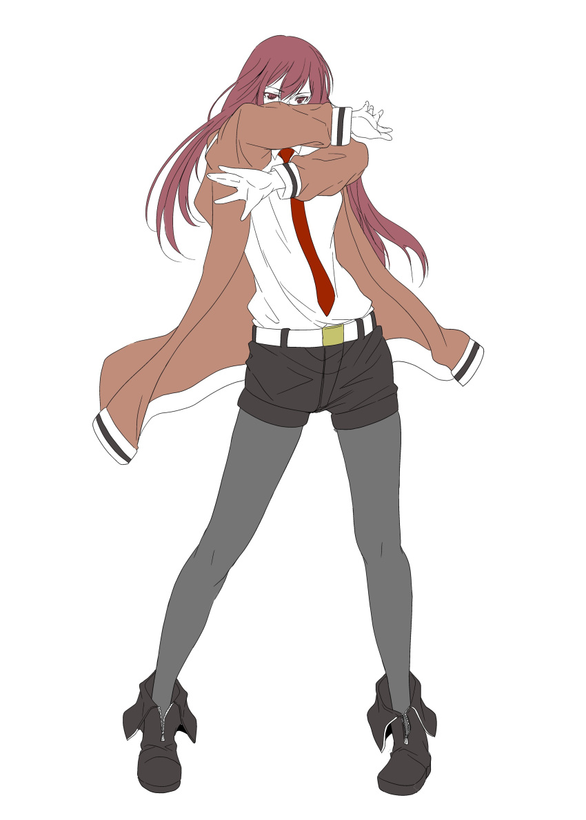 1girl, absurdres, bibi_(coffe), black_shorts, collared_shirt, commentary_request, full_body, high_heels, highres, jacket, long_hair, long_sleeves, looking_at_viewer, makise_kurisu, necktie, open_clothes, open_jacket, pantyhose, red_necktie, science_adventure, shirt, short_shorts, shorts, simple_background, solo, standing, steins;gate, white_background, white_shirt