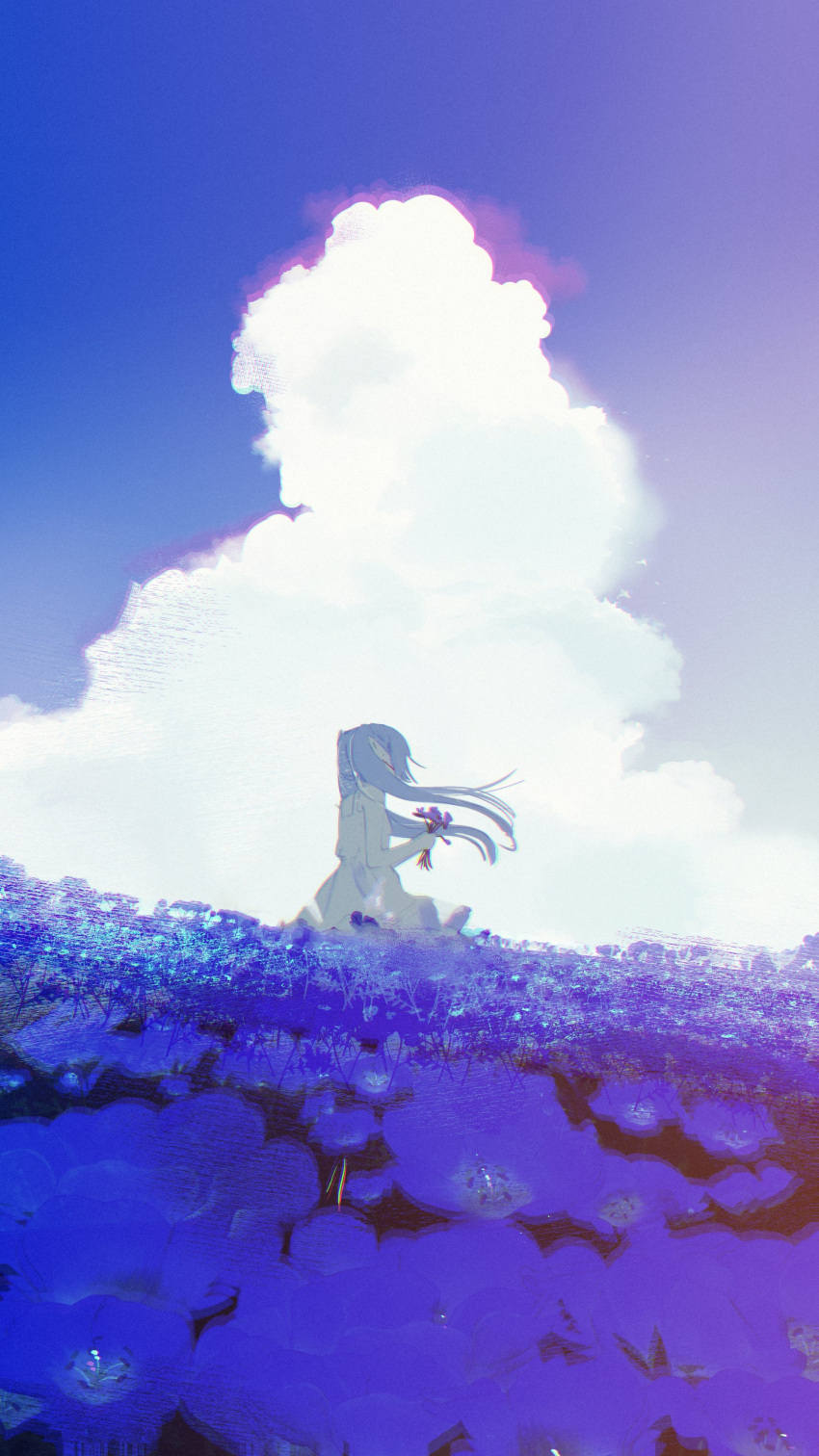 1girl, absurdres, bare_shoulders, blue_flower, blue_sky, clouds, commentary, doremy