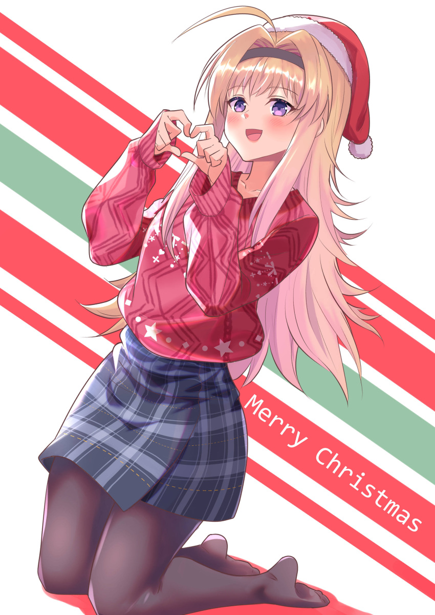 1girl, absurdres, antenna_hair, black_pantyhose, blonde_hair, casual, chaos;head, christmas
