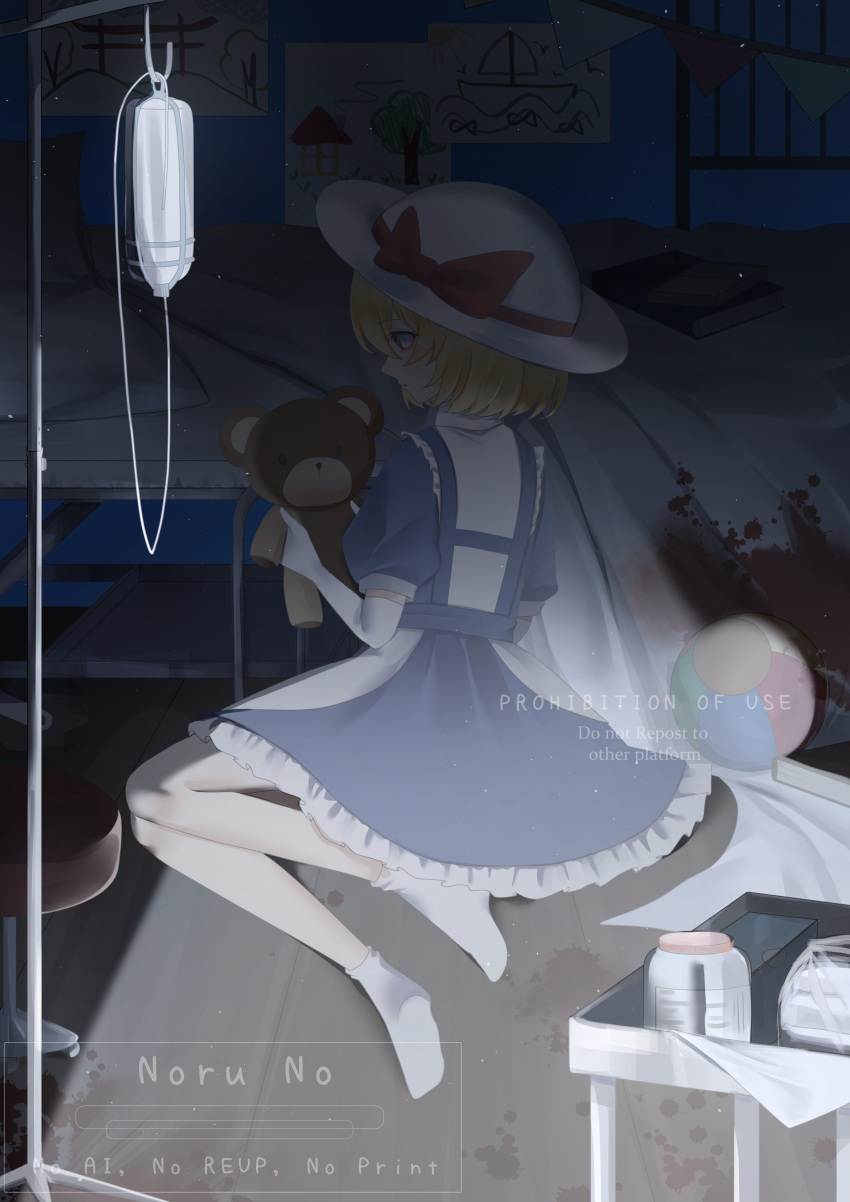 1girl, absurdres, apron, ball, bed, blonde_hair, blood, blue_dress