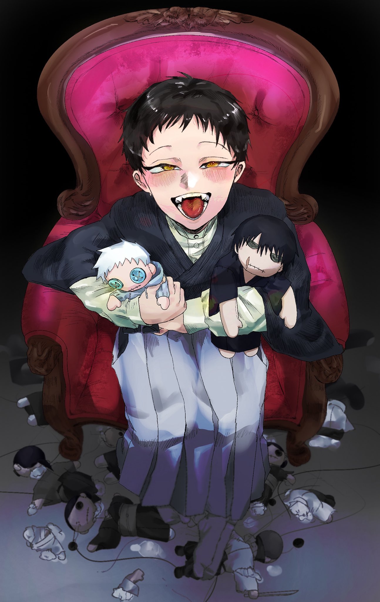 1boy, black_background, black_hair, black_kimono, button_eyes, buttons, chair, character_doll