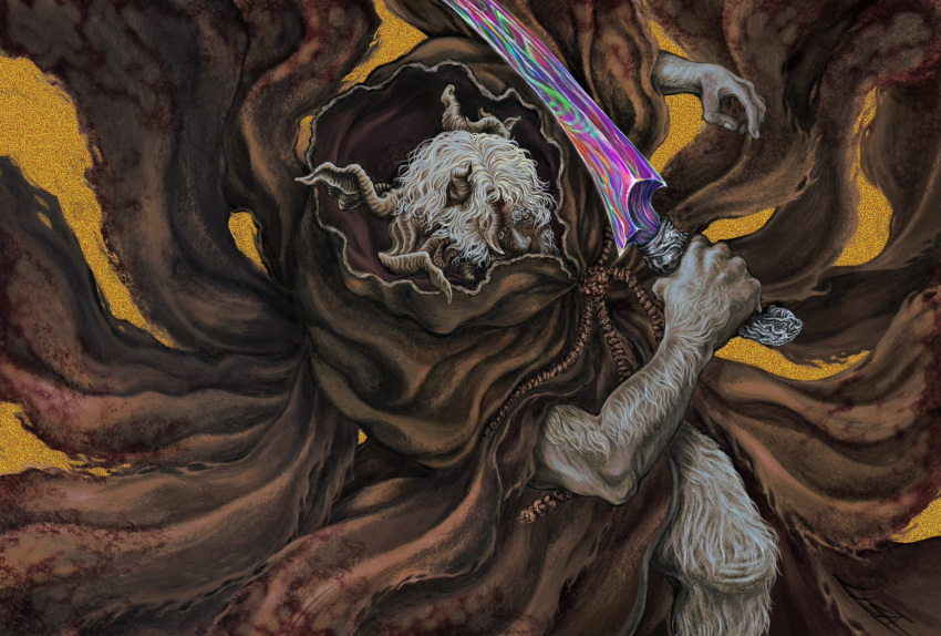 1boy, arm_hair, asymmetrical_horns, brown_robe, commentary, elden_ring, english_commentary, highres