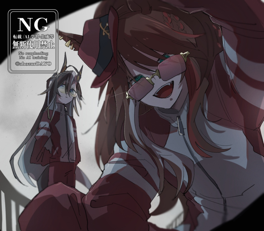 2girls, ahozur_dayo, animal_ears, blue_eyes, brown_hair, closed_mouth, commentary_request, dream_journey_(umamusume)
