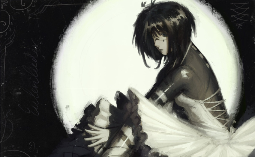 1girl, alternate_costume, android, awwxhf, ballet_dress, black_background, black_hair, blue_eyes