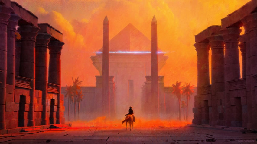 1boy, ancient_egyptian_architecture, animal, artist_name, brick_floor, brick_wall, commentary, english_commentary