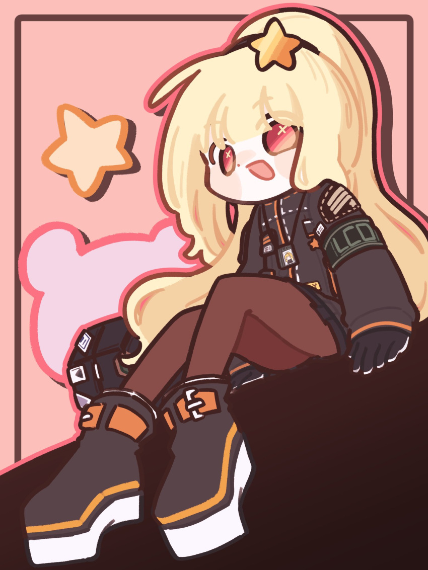 1girl, :d, ahoge, arm_support, armband, bag, black_boots, black_coat, black_skirt, blonde_hair, blunt_bangs, blush, blush_stickers, boots, brown_pantyhose, center-flap_bangs, chibi, chibi_only, coat, cross-shaped_pupils, dutch_angle, ezra_(project_moon), flat_chest, fluffy_hair, from_below, full_body, happy, hashtag-only_commentary, high_heel_boots, high_heels, high_ponytail, highres, limbus_company, littlesoin, long_hair, looking_at_viewer, loose_hair_strand, pantyhose, pink_background, platform_boots, pleated_skirt, ponytail, project_moon, red_eyes, sidelocks, simple_background, sitting, skirt, smile, solo, star_(symbol), star_ornament, symbol-shaped_pupils, tareme, teeth, thighs, upper_teeth_only, wavy_hair