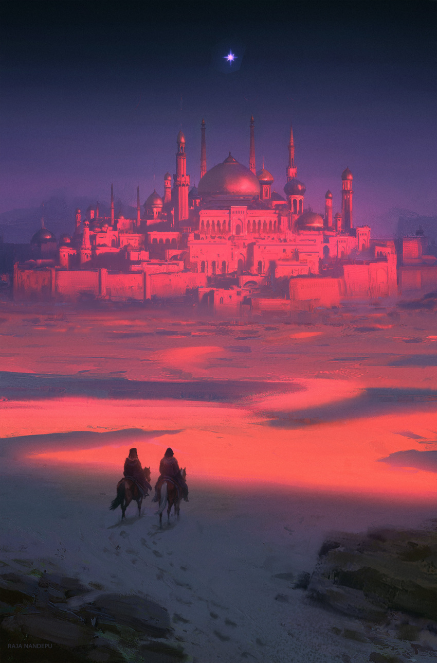 2boys, absurdres, animal, artist_name, black_sky, city, commentary, desert