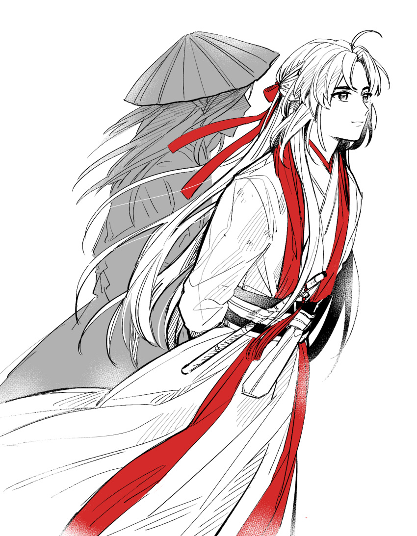 2boys, ahoge, arms_behind_back, braid, chenqing_flute, chinese_clothes, commentary_request, dizi