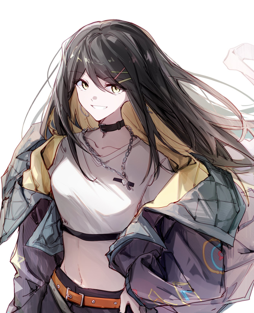 1girl, bang_dream!, bang_dream!_our_notes, belt, black_choker, black_hair, blonde_hair, breasts, brown_belt, choker, colored_inner_hair, commentary, grey_jacket, hair_between_eyes, hair_ornament, hairclip, hand_on_own_hip, hashtag-only_commentary, hibioes, highres, jacket, key, long_hair, long_hair_between_eyes, medium_breasts, midriff, multicolored_hair, navel, open_clothes, open_jacket, open_mouth, solo, suga_raika, untranslatable_commentary, yellow_eyes