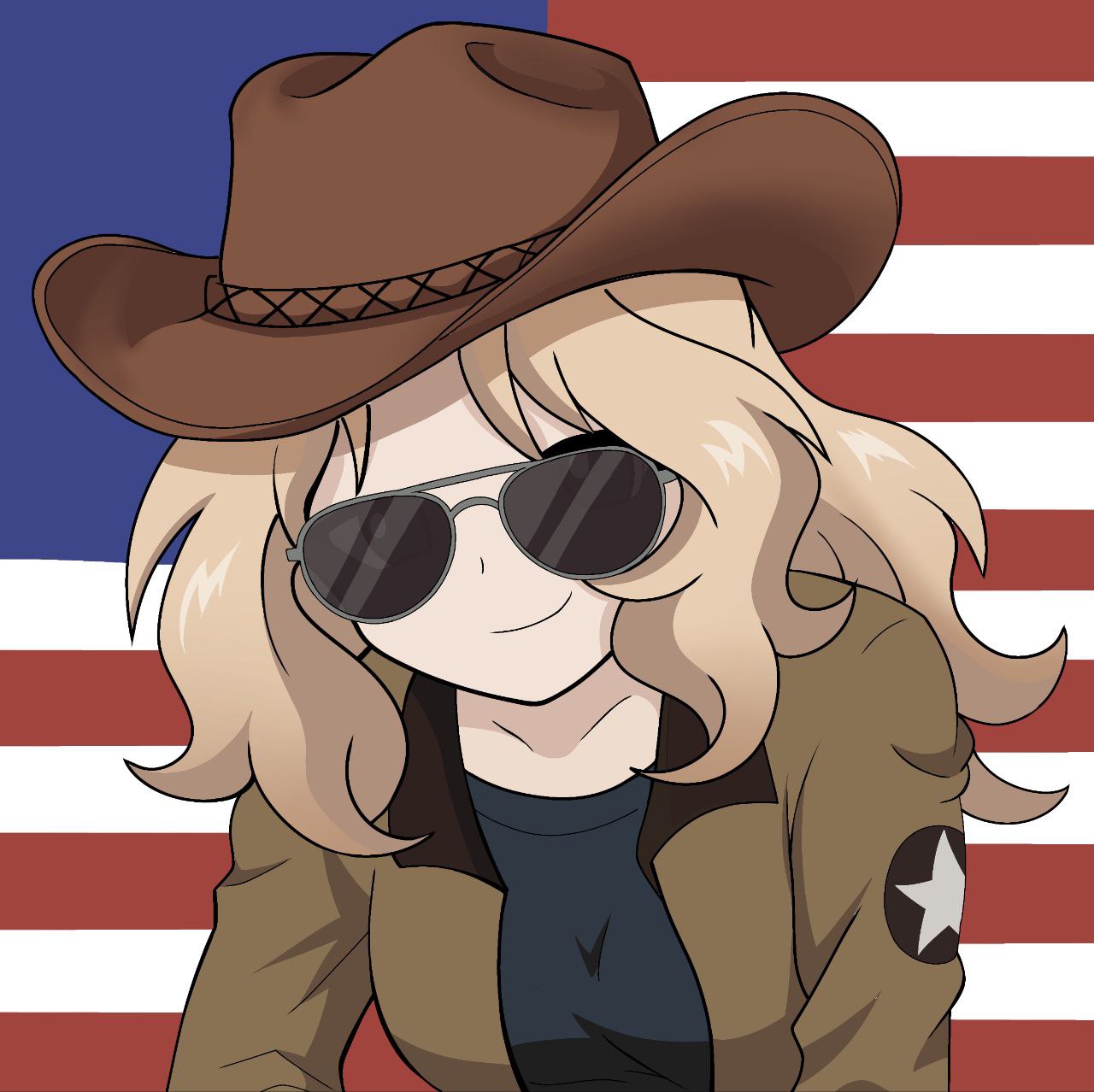 1girl, american_flag, black-framed_eyewear, blonde_hair, commentary, cowboy_hat, girls_und_panzer, hat, highres, kay_(girls_und_panzer), monkey_ears, monkey_girl, non-web_source, saunders_military_uniform, shirt, t-shirt, tanker_jacket