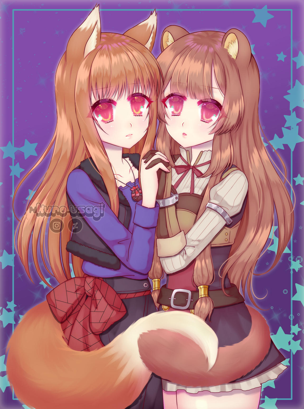 2girls, animal_ear_fluff, animal_ears, artist_name, belt, black_dress, black_sash, black_skirt